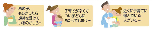 子育て悩みの例 あの子,もしかしたら虐待を受けているのかしら…/子育てが辛くてつい子どもにあたってしまう…/近くに子育てに悩んでいる人がいる…